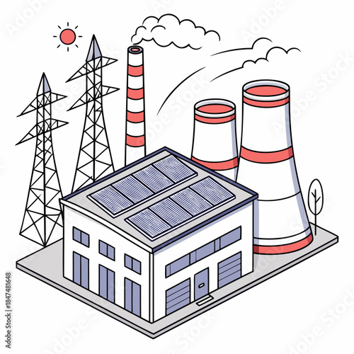 Solar panels on factory rooftop next to cooling towers and power lines