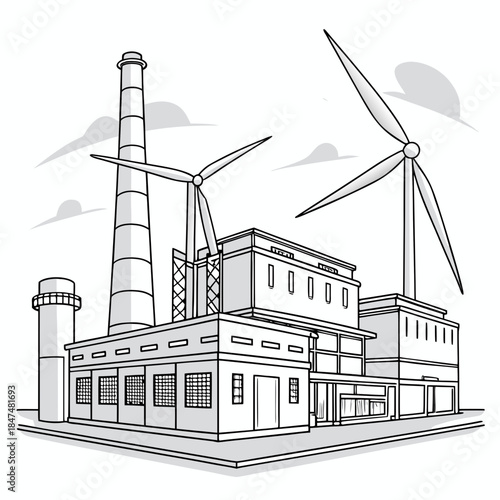Wind turbines and industrial building with smokestack