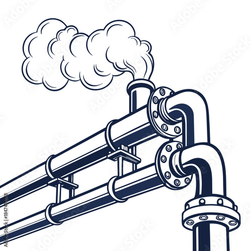 Industrial pipes releasing steam on white background