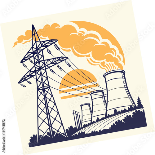Electric power station with smoke and sunset light 1