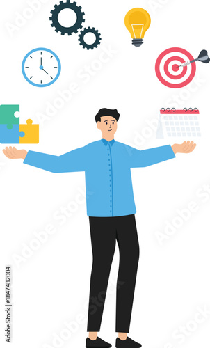Multitasking or project management and task or work efficiency, productivity or time management and balancing work responsibilities, productive man with many hands handling multitasking work.
