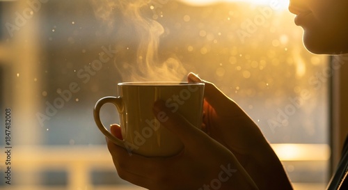 Woman's hands holding a steaming cup of hot beverage against a warm sunlit background