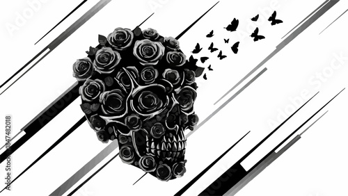 Skull formed from dark roses dissolves into a swarm of butterflies, symbolizing transformation and the ephemeral nature of life.