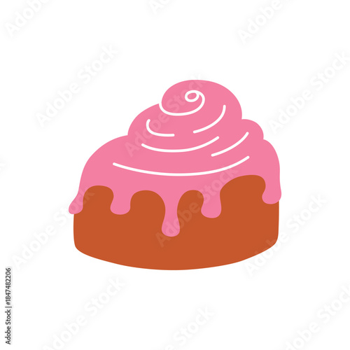 Flat cartoon vector illustration of rolled pastry bun with pink icing, sweet bakery theme, cozy dessert mood, simple cute style for food packaging, cafe graphics and playful culinary designs