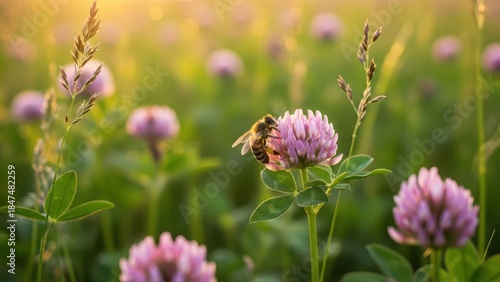 Fototapeta Naklejka Na Ścianę i Meble -  Bee pollinating clover in vibrant summer meadow at sunset