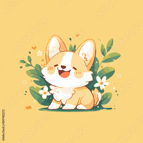 Happy Corgi Puppy Surrounded by Green Leaves and White Flowers.