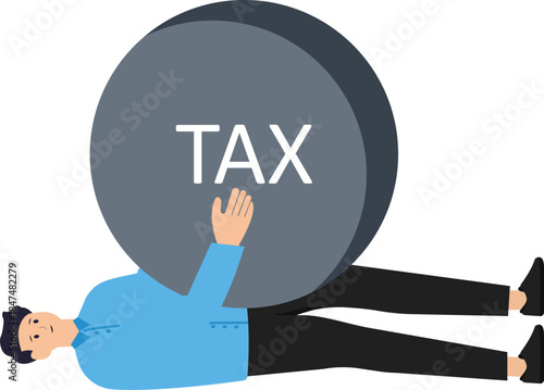 Heavy tax burden to pay off and heavy problems or debts, bankruptcy or financial problems, government obligations and entrepreneurs shouldering a heavy burden with the word TAX.