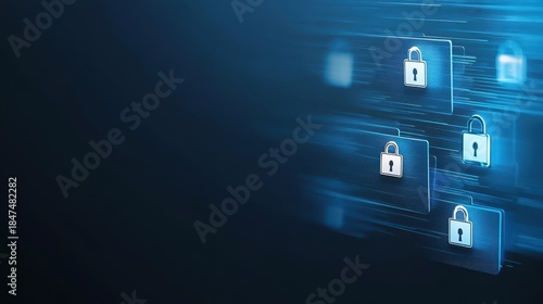 Dark blue background features many security locks numerous metallic locks arrayed against dark blue backdrop