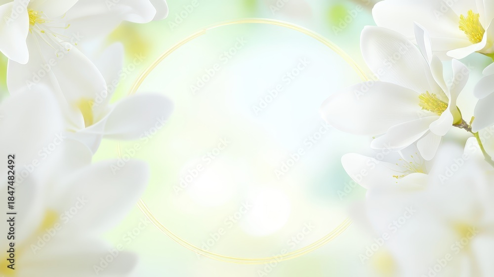 Fototapeta premium Elegant white flower in golden circular frame decoration delicate white blossom showcased within shiny gold ring