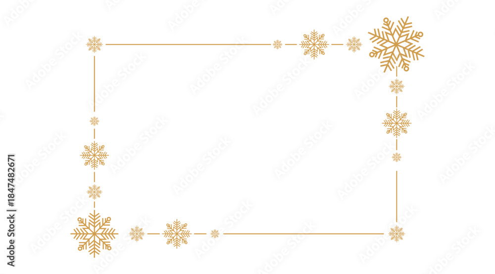 Obraz premium Elegant golden snowflake border on white background, minimalist festive frame for Christmas or winter holiday greeting cards, invitations, posters, and seasonal design projects, copy space centered.