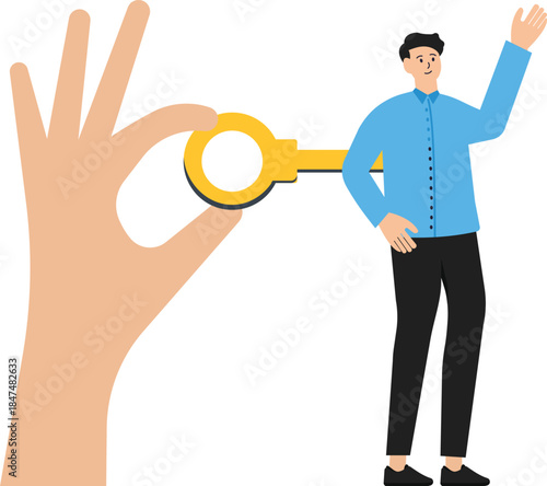 tired employee recharge and force or wind to stimulate or motivate tired people, big hand of manager turning wind key or winding clock to motivate work.
