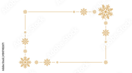 Elegant golden snowflake border on white background, minimalist festive frame for Christmas or winter holiday greeting cards, invitations, posters, and seasonal design projects, copy space centered.