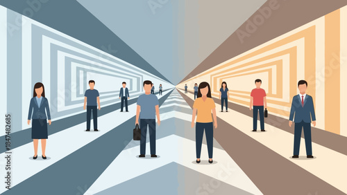 abstract futuristic corridor with diverse individuals standing in symmetrical patterns and