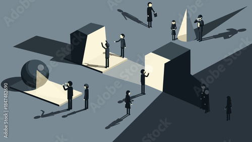 Abstract illustration of individuals engaging with large geometric structures and shadows in a