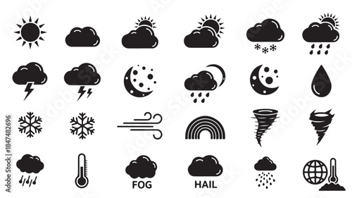 Weather Forecast Icons Set with Cloud Sun Moon Rain Snow Fog Hail