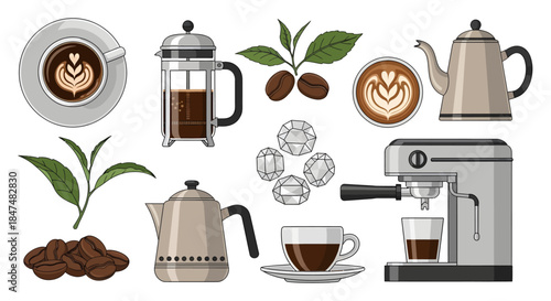Collection of coffee-related items including brewing devices, cups, and beans arranged on a white background from a straightforward viewpoint.
