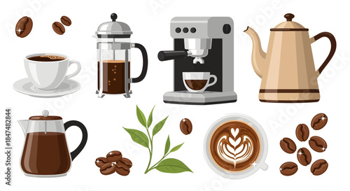 Coffee and Coffee Makers Arranged on a White Background with Coffee Beans and Leaves