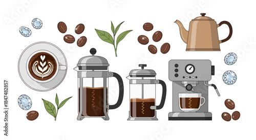 Coffee makers and coffee beans arranged with coffee cups on a clean background showcasing various brewing methods