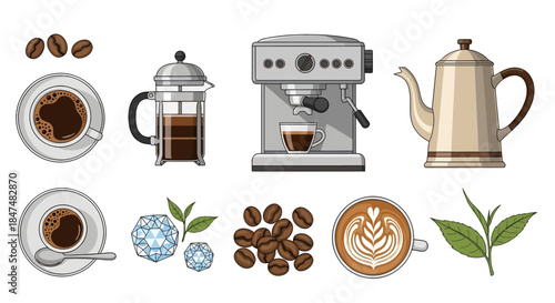 Assorted coffee makers and coffee cups with coffee beans and leaves on a white background