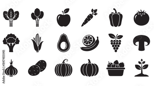 Vegetable Icons Set with Various Fruits and Produce on White Background