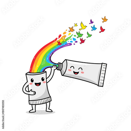 cartoon of tube of toothpaste with a rainbow coming out of it