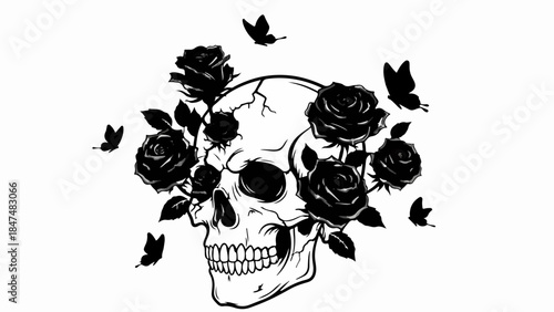 Dark beauty: a cracked skull adorned with black roses and fluttering butterflies.
