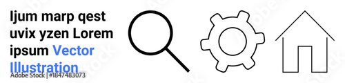 Navigation, usability, technology, SEO, application design, user interface. A magnifying glass, gear and house icons alongside random placeholder text. Navigation and usability concept