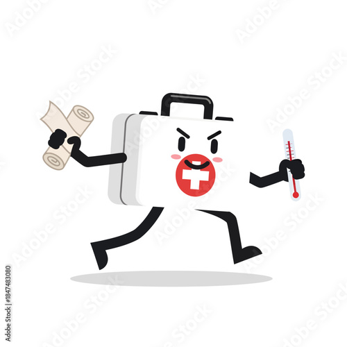 cartoon illustration of a first aid kit running with a plaster and analog thermometer
