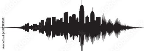 Silhouette illustration of city skyline with sound wave effect in black color
