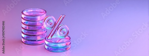 3D render of a colorful glass percent sign placed on transparent stacks of coins, futuristic illustration symbolizing discount, savings, finance and investment promotion. banner