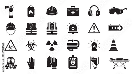 Safety Icons Set Including Fire Extinguisher, Hard Hat, First Aid Kit