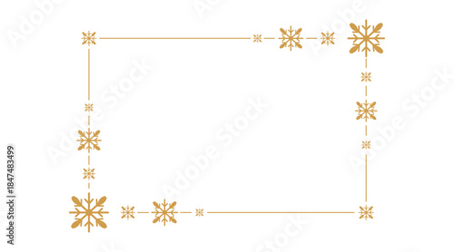 Elegant golden snowflake border on white background, minimalist festive frame for Christmas or winter holiday greeting cards, invitations, posters, and seasonal design projects, copy space centered.