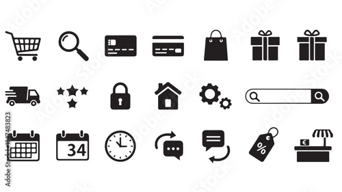 Ecommerce Icons Set with Shopping Cart, Payment Methods, and Delivery Symbols