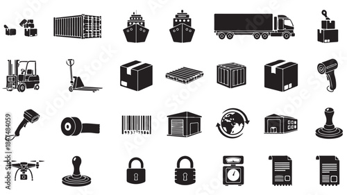 Logistics Icons Set with Shipping Containers, Trucks, Drones and Security Locks