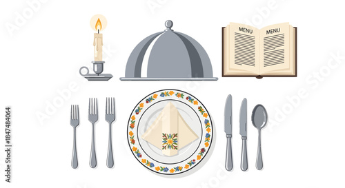 Formal dinner setting with cutlery, plate, candle, and book on a table