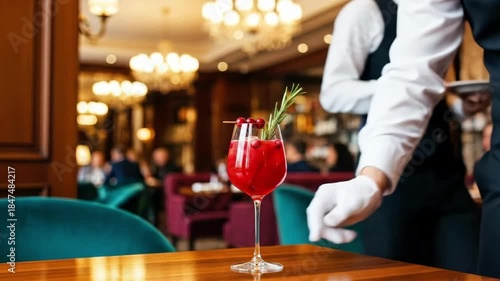 Server hand in white glove serving a red cranberry cocktail with rosemary on a wooden table in a restaurant for Christmas celebration.