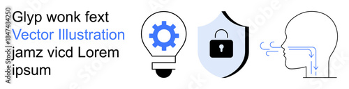 Innovation, cybersecurity, data protection, problem-solving, secure communication, creativity. Lightbulb and gear, shield with lock and human head outline with airflow. Innovation and cybersecurity