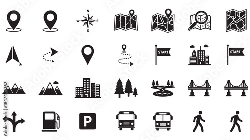 Black and White Travel Navigation Icons Set