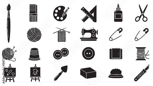 Sewing Tools Icons Set with Paintbrushes and Fabric Supplies