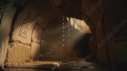 Light rays shining down through a dark stone tunnel with water dripping, revealing ancient hieroglyphics. Mysterious passage concept.