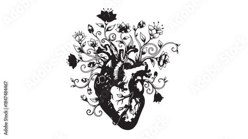 Black Heart with Floral Vines on White Background