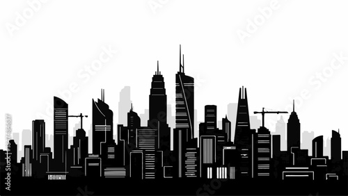 Modern city skyline silhouette with towering skyscrapers and cranes against a white background.