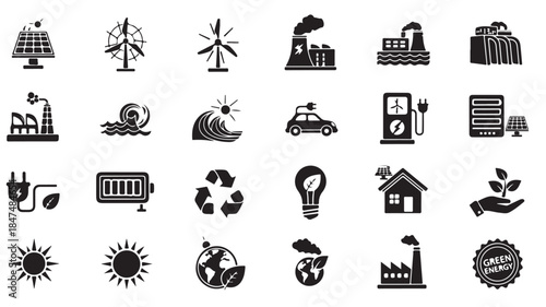 Eco Friendly Icons Set with Solar Panel, Wind Turbine, Recycling Symbol and Green House and Sustainable Living Concepts