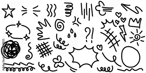 A versatile collection of black handdrawn doodle elements and scribble line art featuring stars arrows hearts and speech bubbles perfect for graphic design projects