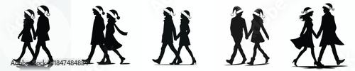 vector silhouette of a couple walking in a Christmas atmosphere