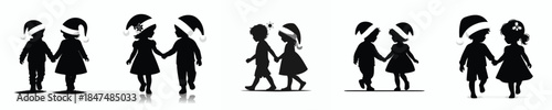 vector silhouette of children walking in a Christmas atmosphere