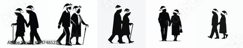 vector silhouette of a old couple walking in a Christmas atmosphere