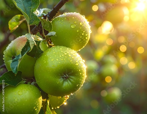 Close-up of green fruit on a tree branch, illuminated by the sun