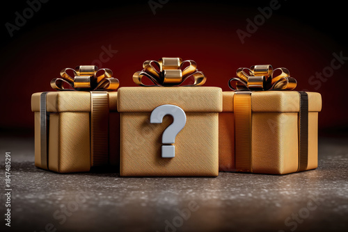 Golden gift box with question mark luxury ribbon surprise present festive celebration mystery holiday elegant shiny wrapping