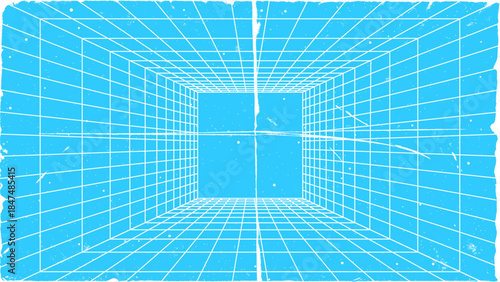 3D wireframe perspective grid room template design vector illustration background. Empty three dimensional virtual room perspective wireframe grid geometric sketch. Cyber virtual line interior frame